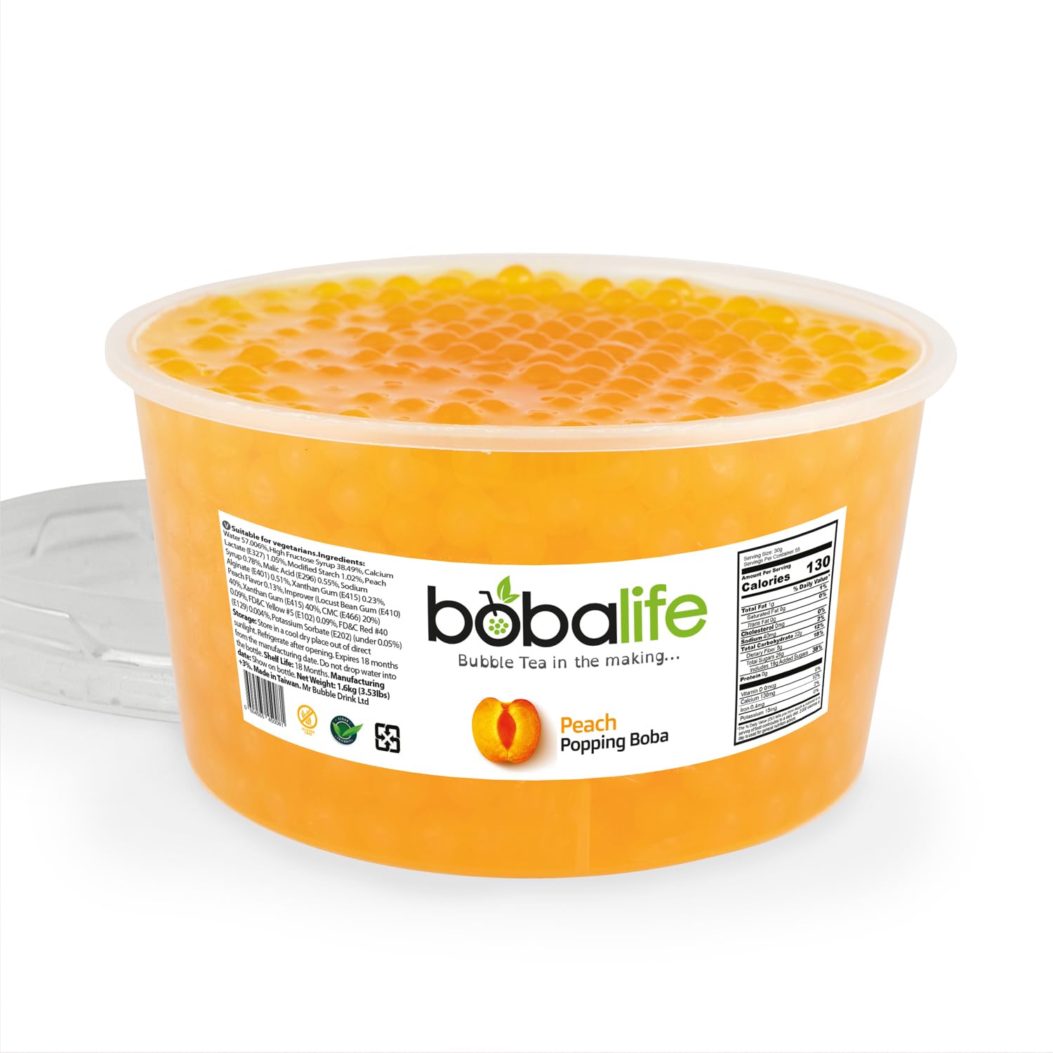 Bobalife Peach Flavoured Popping Boba 40 Servings (1.6kg), Fruit Juice Filled Boba Pearls for Bubble Tea, Iced Drinks, Desserts, Cocktails & Slush | Low Fat, Gluten-Free & Vegan
