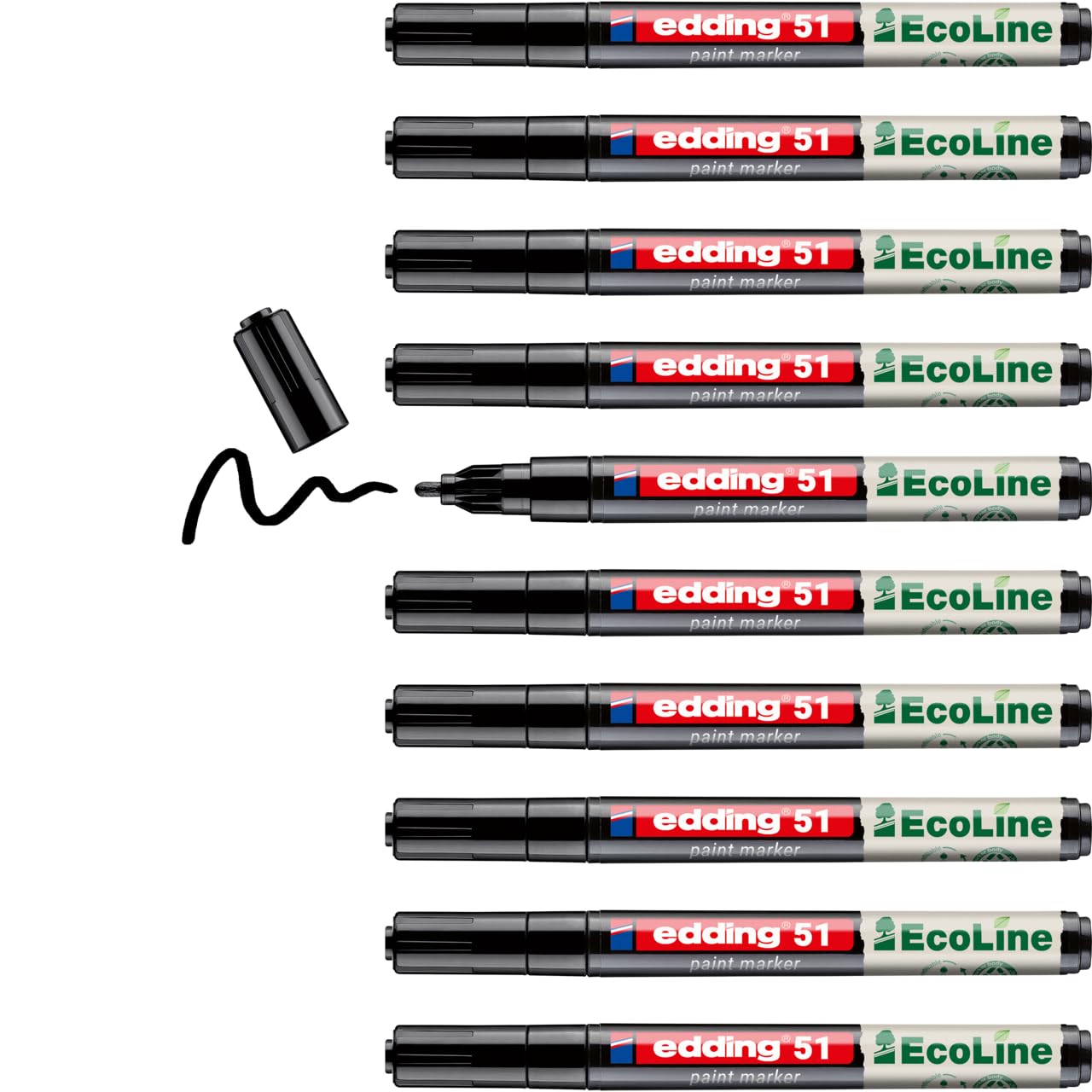edding 51 EcoLine paint marker – black – pack of 10 – round nib 1-2 mm – water-based ink, highly opaque & waterproof – pen for glass, stone, wood, plastic and paper