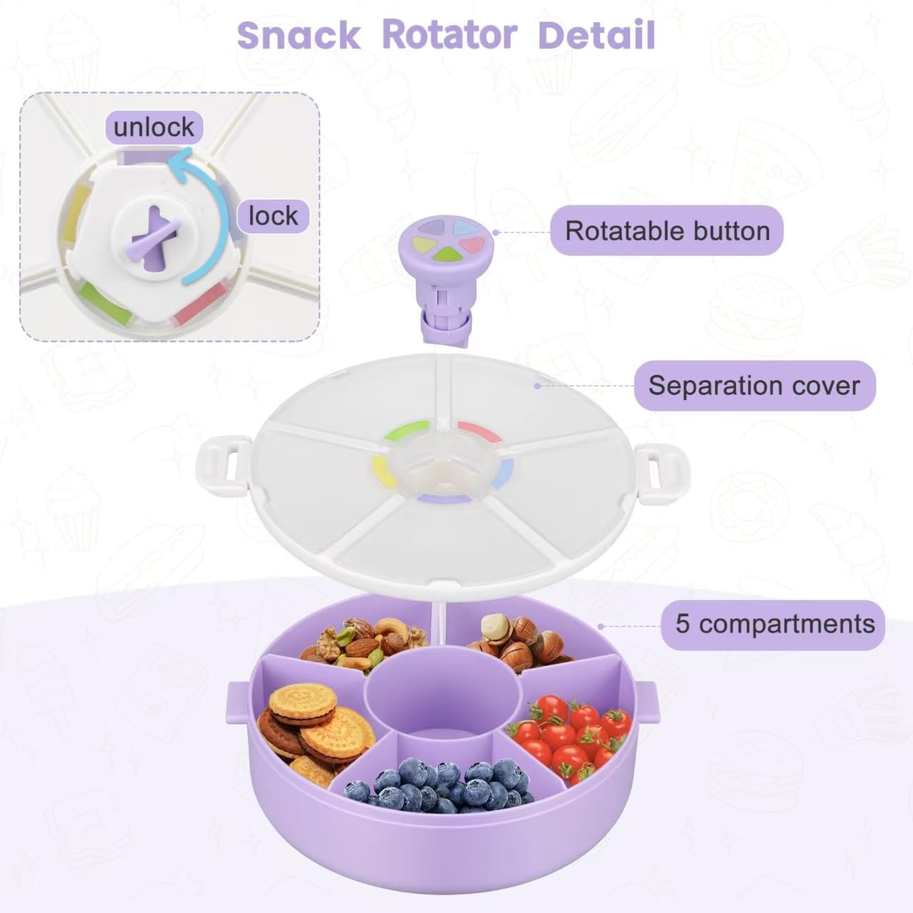 Pawtong Snack Rotator Container Reusable Snack Box with 5 Compartment Dispenser and Lid, Color Matching Opening Lid, BPA and PVC Free, for Home, School, Travel (2 Pack- Purple)