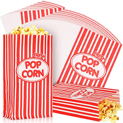 Image of Potchen Paper Popcorn Bags Bulk 2 oz Large Individual Servings Popcorn Bag Flat Bottom Disposable Container Vintage for Movie Night Themed Summer Graduation Party Carnival Supplies(300 Pcs,Red)