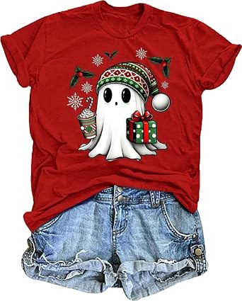 TIXOM Womens Christmas Ghost Shirt Funny Xmas Santa Hat Graphic Short Sleeve Tee Winter Holiday Family Party Matching Tops
