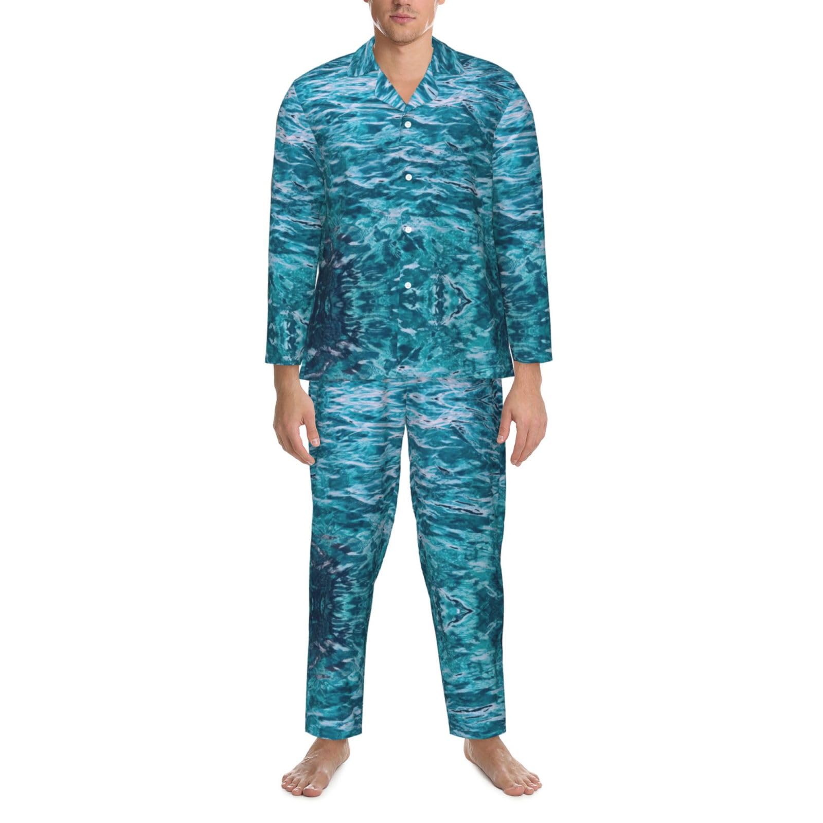 Conjunto de pijama para hombre con estampado de superficie marina, pijama suave de manga larga con botones y bolsillos