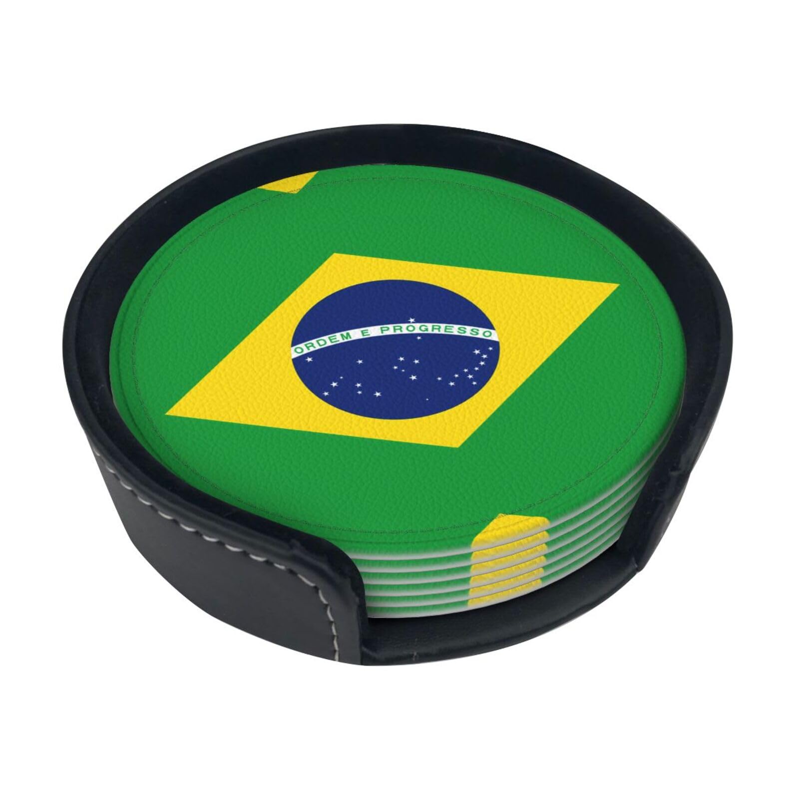 Brazilian Flag Patterned Coaster Set (6 Pack), Round Coasters, Suitable for Home Kitchen or Coffee Table Decoration