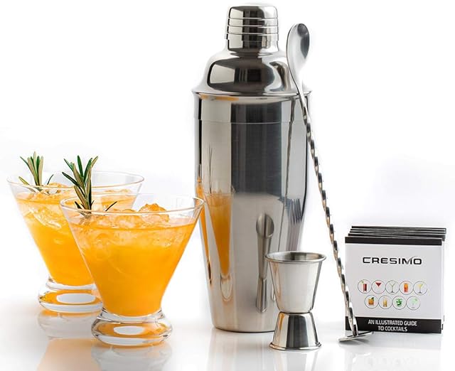 750mL Cocktail Shaker Set: 5pc Cocktail Making Set w/ Built-in Cocktail Strainer, 2 Martini Glasses, Jigger, Bar Spoon & Cocktail Kit Book - Stainless Steel Cocktail Set w/ Cocktail Shakers - Cresimo