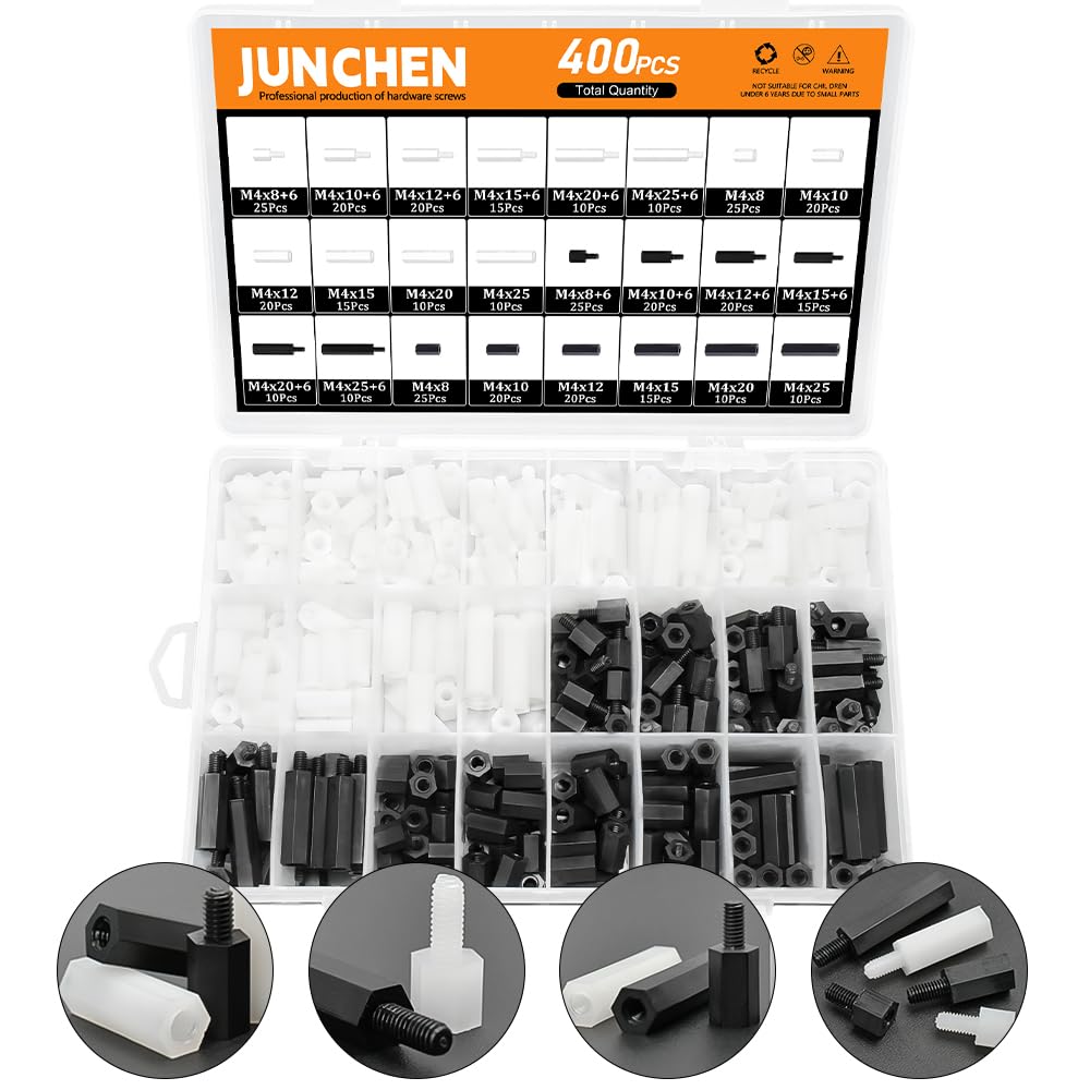 400pcs Hex Male Female Nylon Spacers Standoffs Assortment Kit, M4 Black&White PCB Motherboard Threaded Pillar Plain Finish, Fits Circuit Board Screws