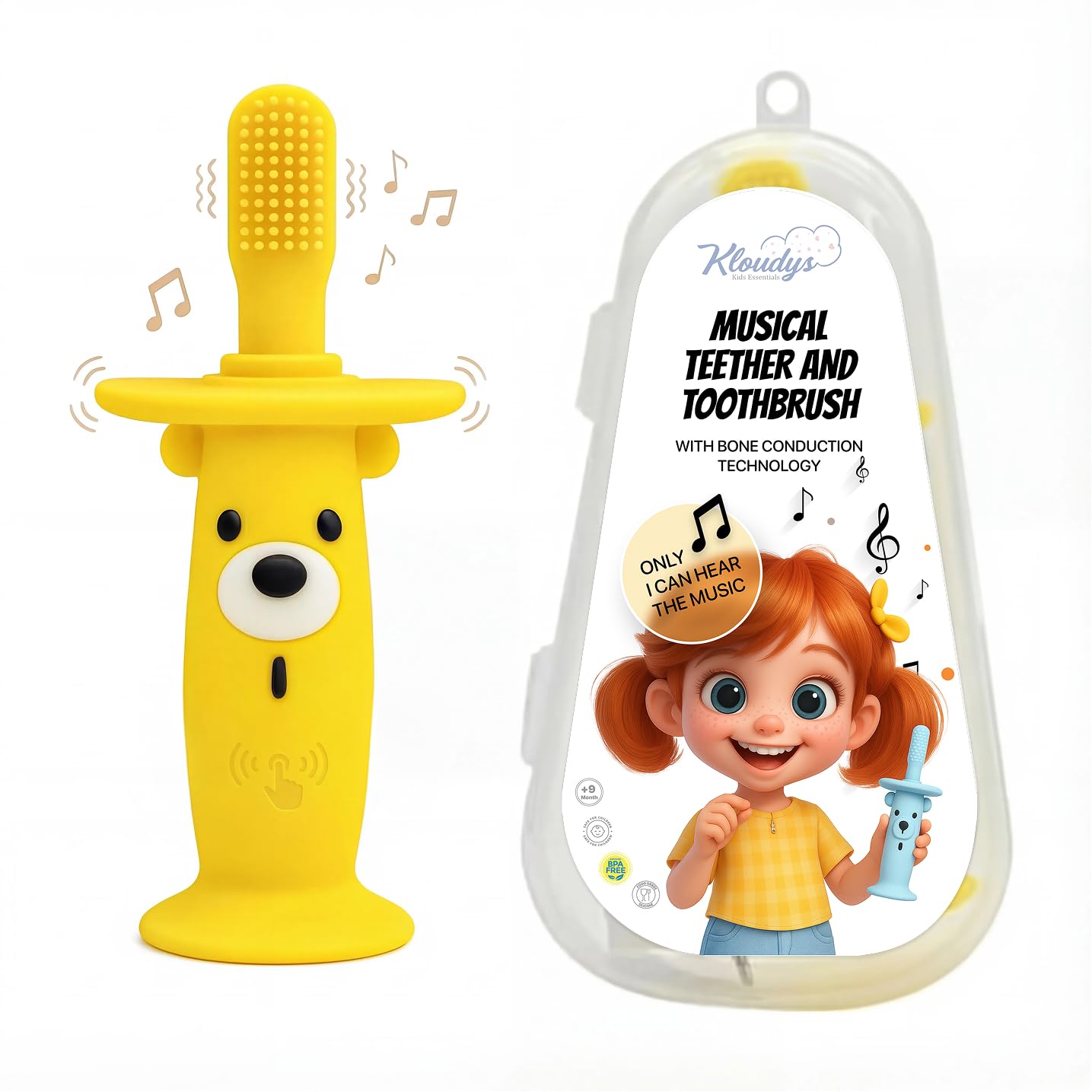 Kloudys Vibrating Baby Teether & Toothbrush l Teething relief & Bone conduction music l Soft BPA-Free Silicone baby teethers, oral sensory chew toys