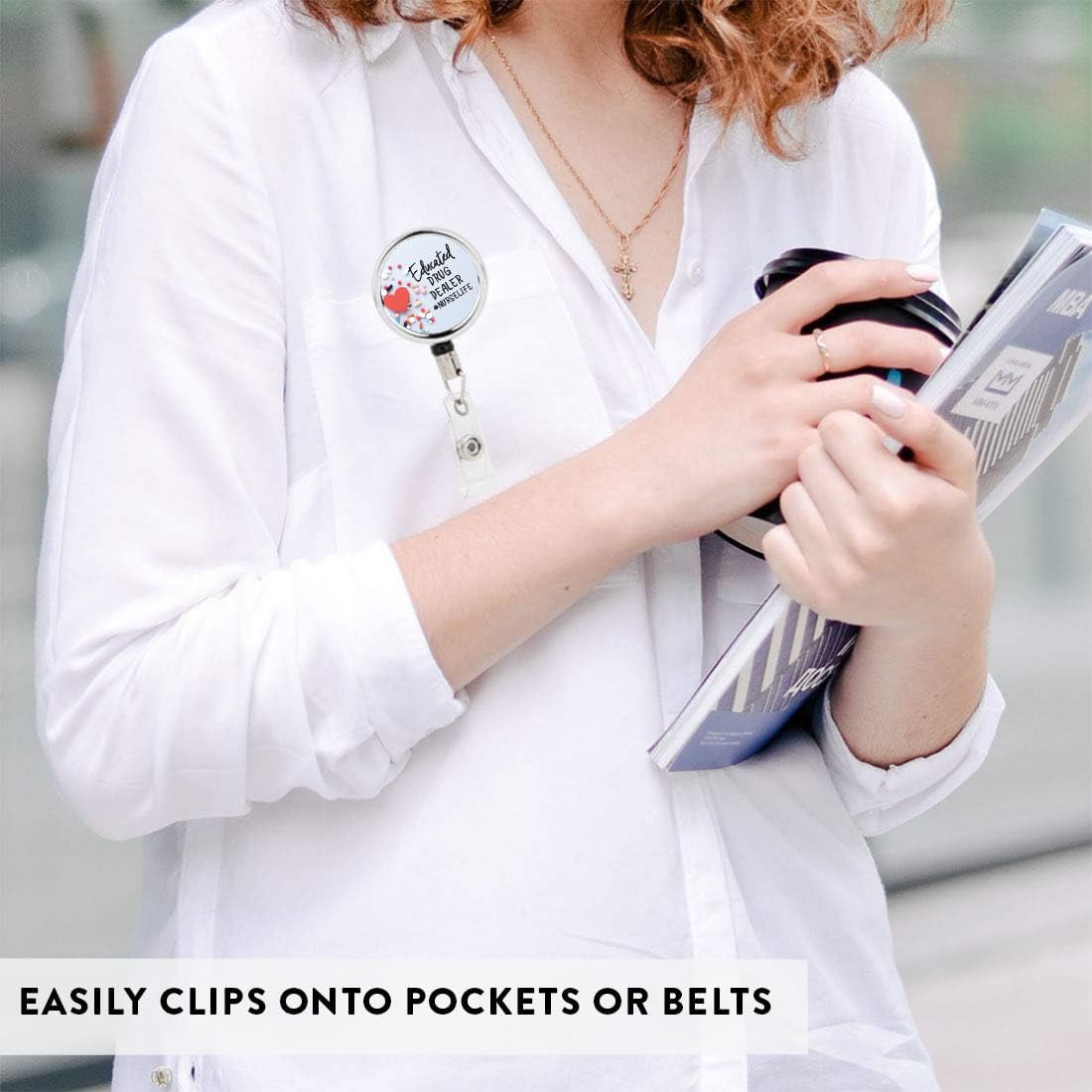 Andaz Press Retractable Badge Reel Holder with Clip, Heavy Duty Metal Name Tag Retractable ID Key Belt Clip Educated Drug Dealer Pharmacy Nurselife, Essential Nurse, RN, Medical ID, Doctor, Pediatric