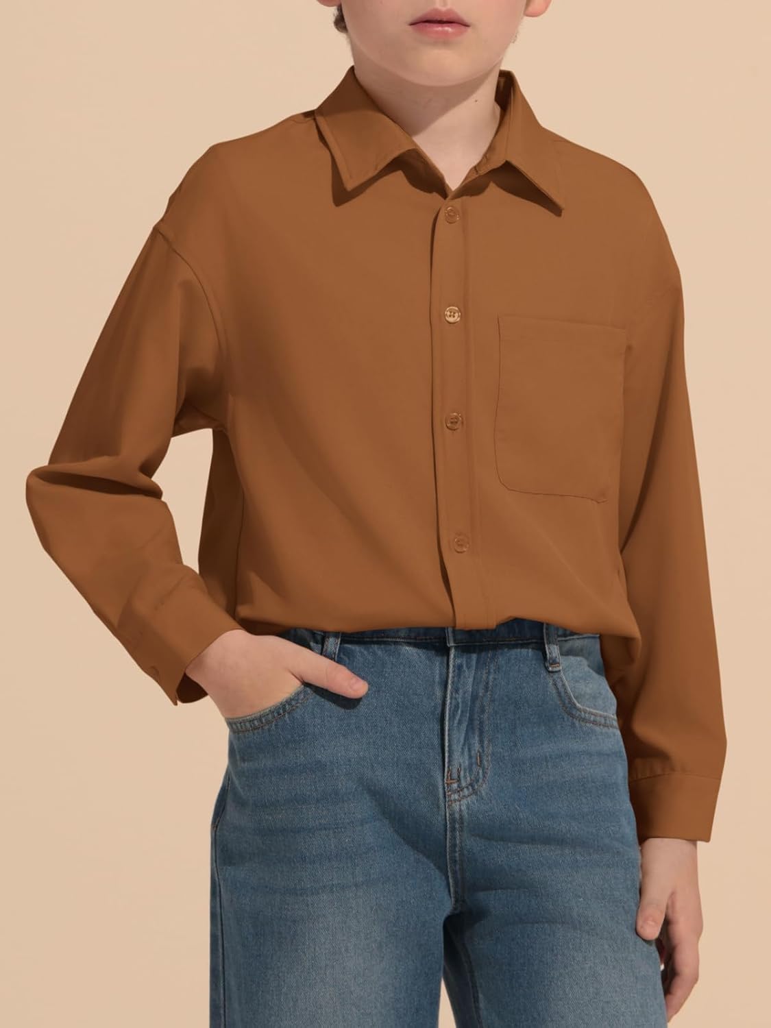 Haloumoning Boys Long Sleeve Dress Shirts Collared Button-Down Shirt School Uniform Shirts with Chest Pocket 5-14 Years - Image 3