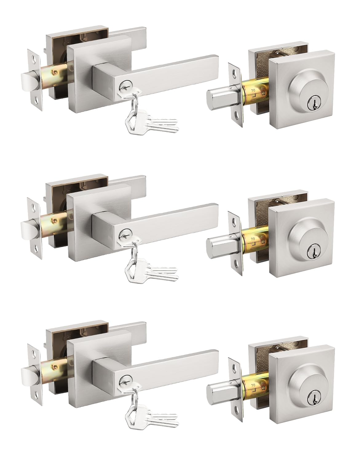 Tinewa 3 Pack Brushed Nickel Keyed Alike Front/Exterior Door Levers with Single Cylinder Deadbolt, Square Entry Door Knob Lock Sets with Deadbolt Combination Sets, for Entrance/Front and Office Doors
