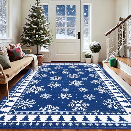 ROYHOME Christmas Area Rug 5x7 Feet Snowflakes Machine Washable Rug Blue