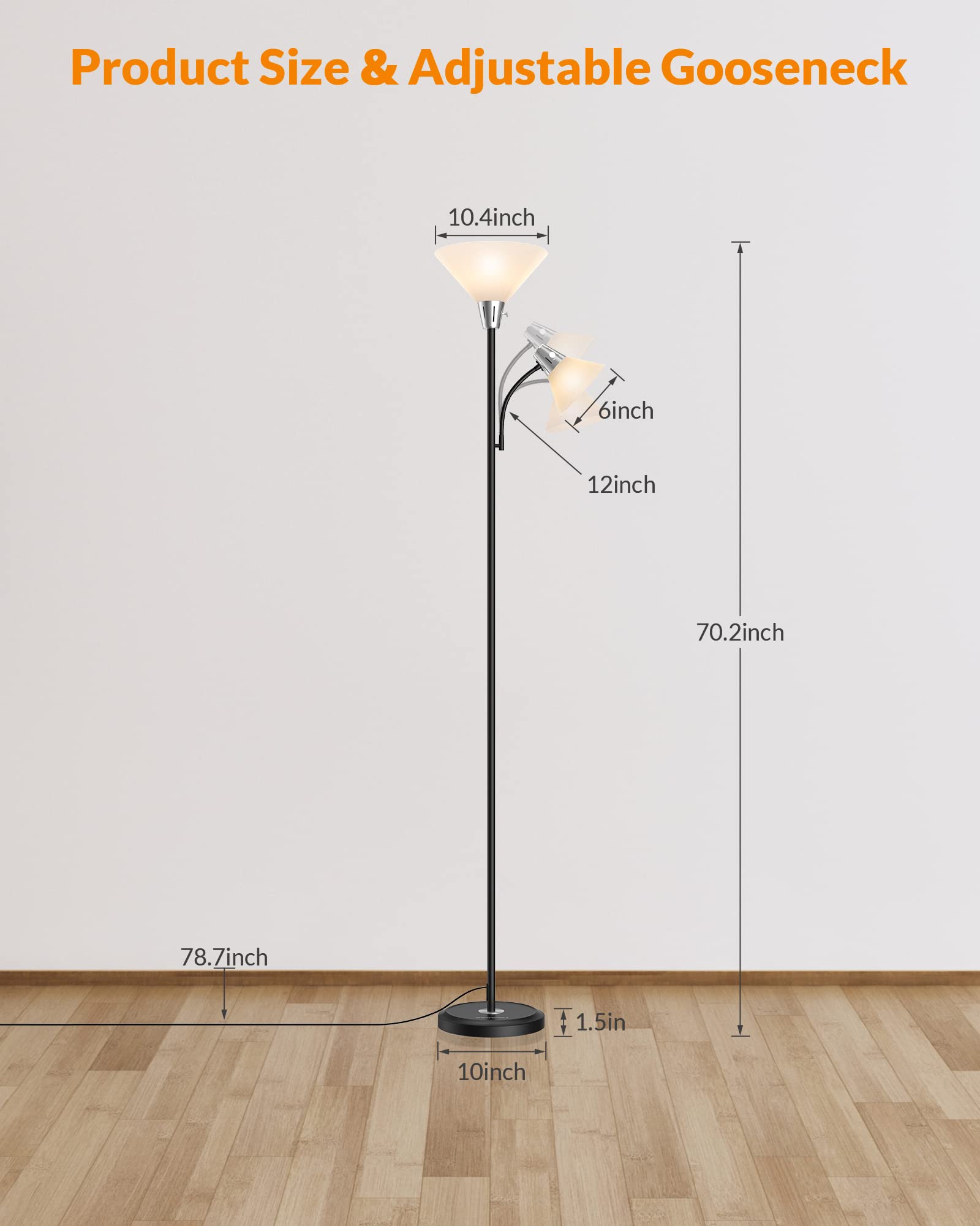 LEPOWER Floor Lamp, 9W LED Standing Lamp with 5W Adjustable Reading Light, Modern Bright Floor Lamp with Replaceable 3000K Energy-Saving LED Bulbs, Black Floor Lamps for Bedroom, Living Room, Office