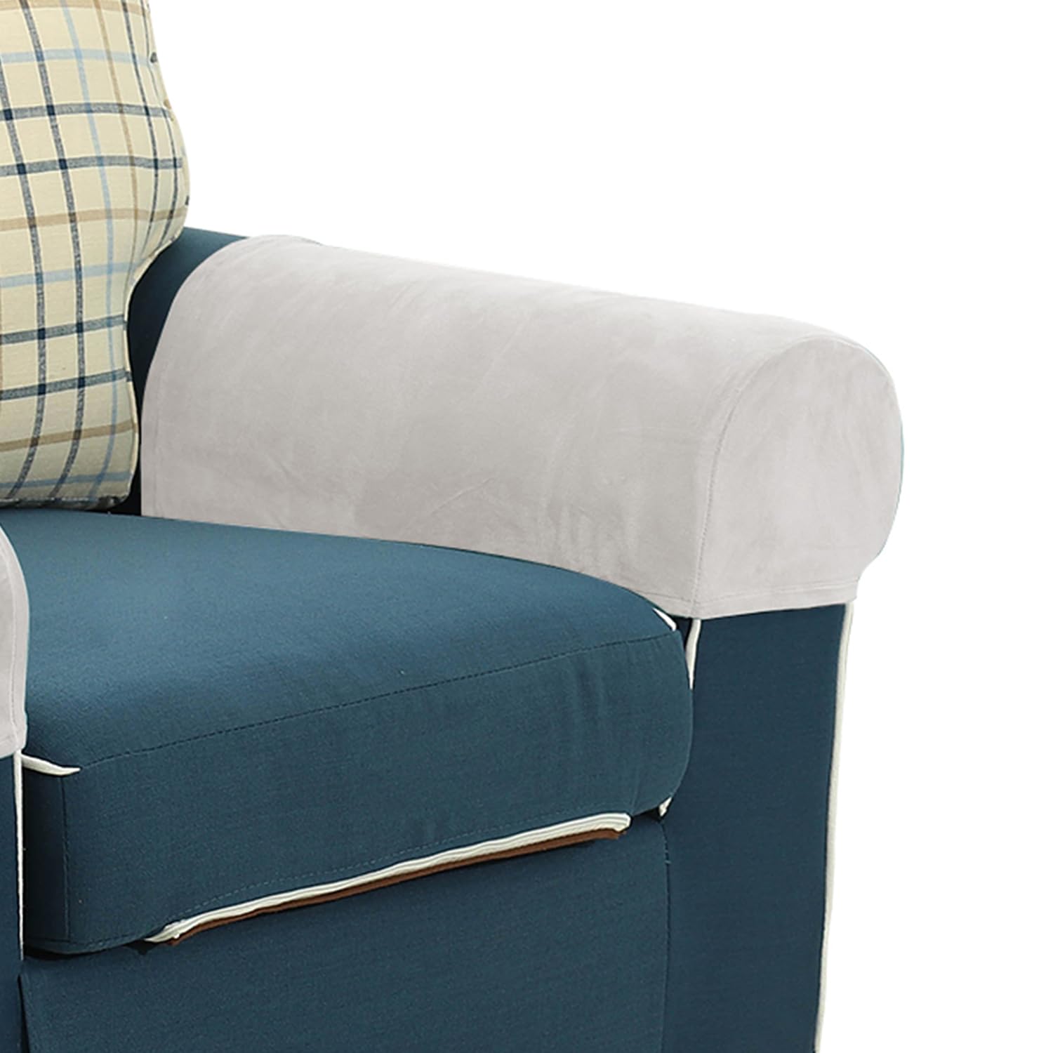 SXITOWH Set of 2 Velvet Stretch Armrest Covers for Chairs and Sofas White Arm Covers Elastic Anti-Slip Furniture Protectors Washable Armchair