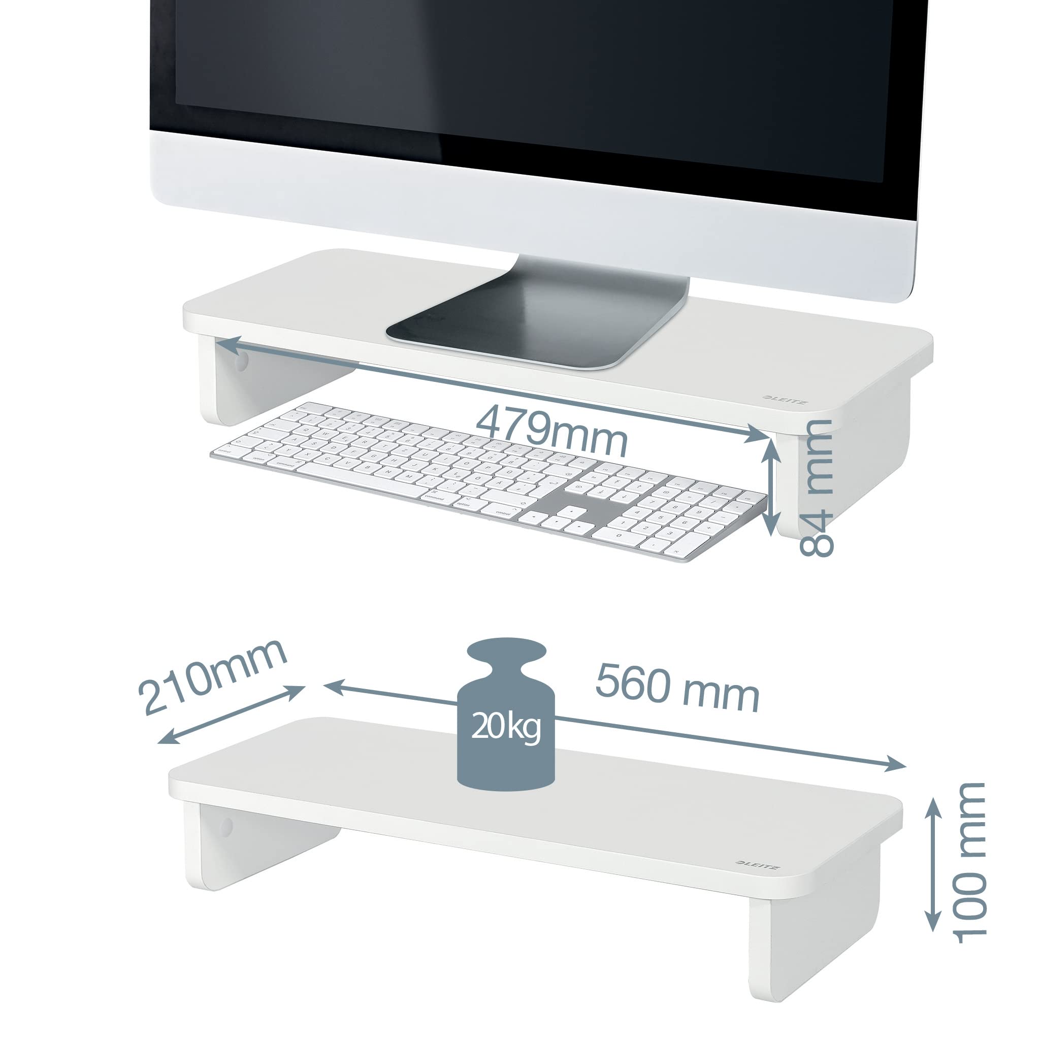 Leitz Supporto da Scrivania per Monitor o Laptop da 24 ", Fino ad un Peso di 20 kg, Spazio per Tastiera da 470 mm, Gamma Ergo, 7,9 cm x 21 cm x 8,4 cm - Bianco, 64340001