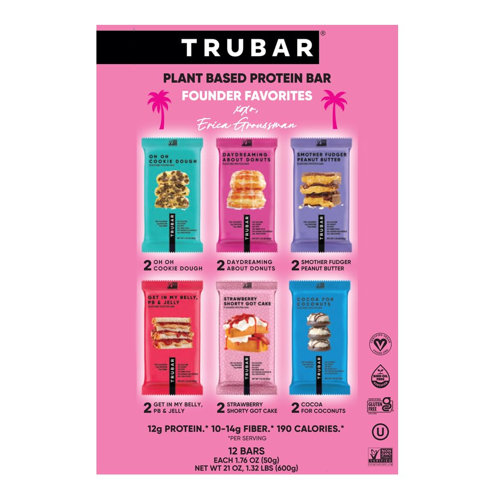 TRUBAR Vegan Protein Bars, 12 Count Founder Favorites Variety Pack, (2 Each – OOCD, DAD, SFPB, PBJ, SSGC & CoCo), Gluten Free, Plant Based, Dairy Free, High Fiber, Healthy On-the-Go Snack Bars