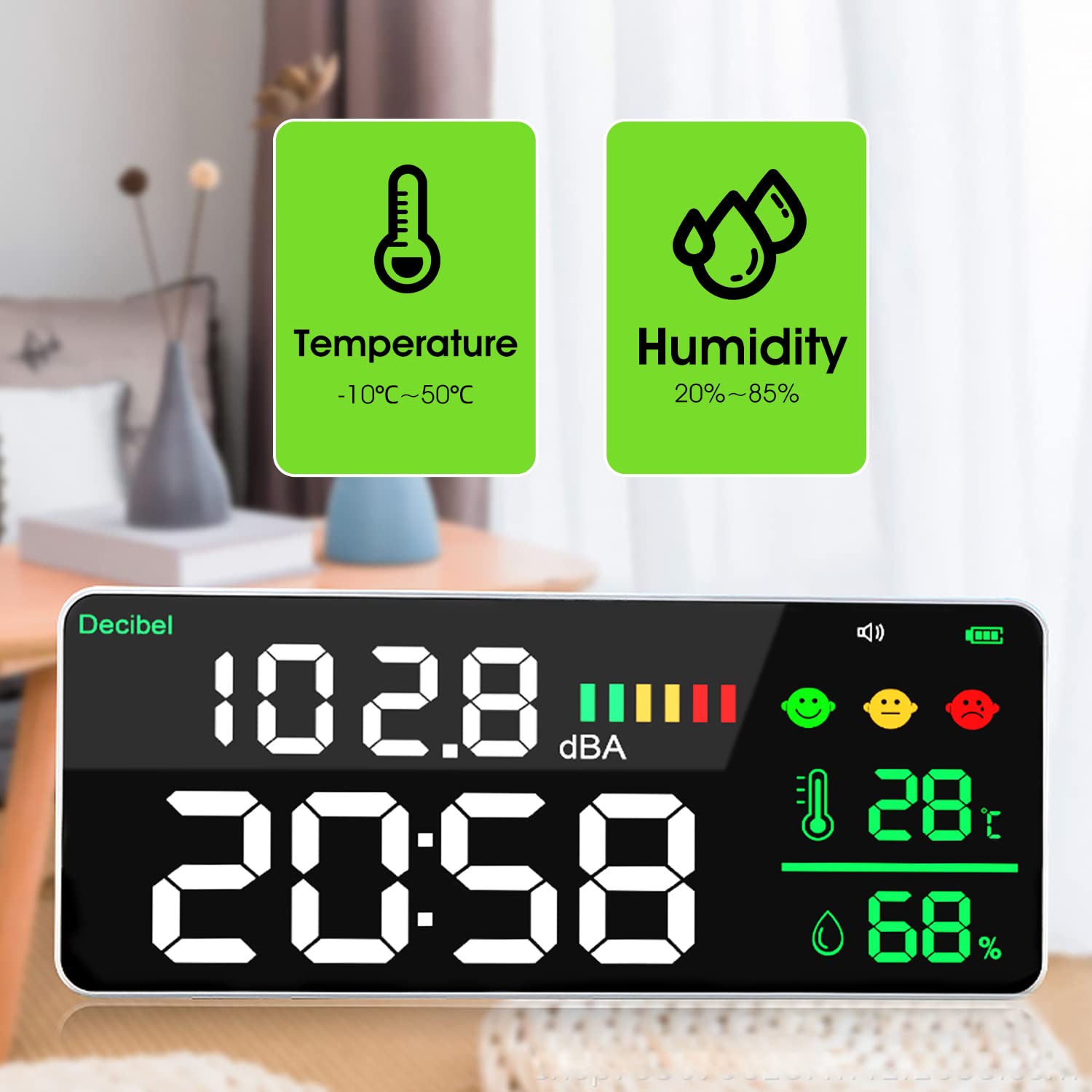 Sonomètre Numérique LED 11" 30-130dB – Décibelmètre Mural Température/Humidité/Alarme – USB Rechargeable