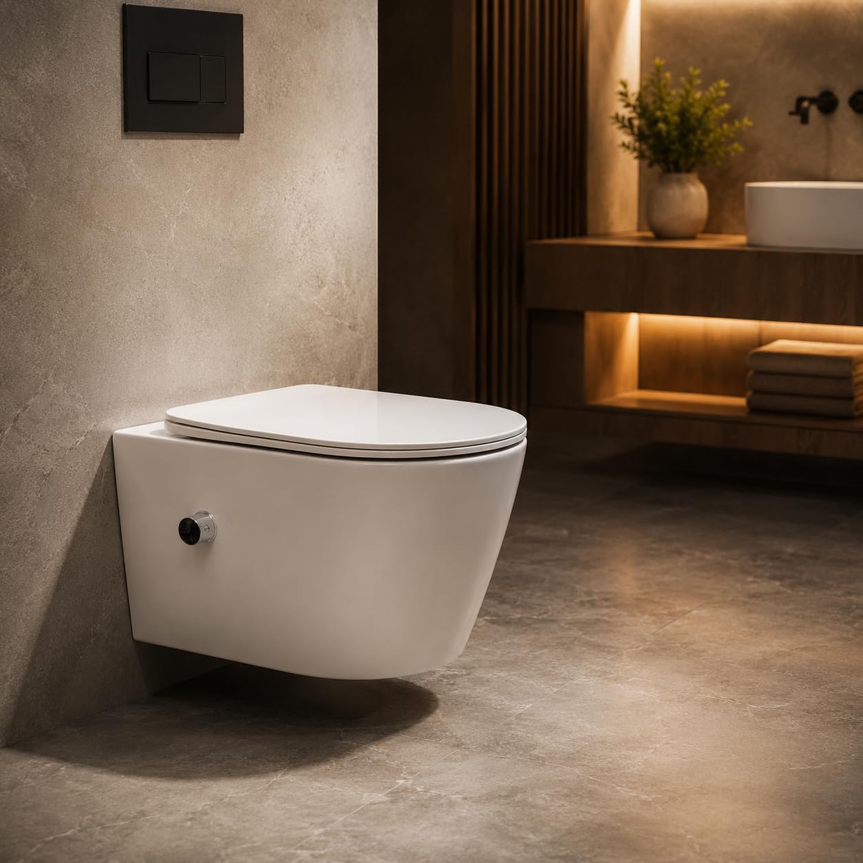WC Sospeso con Funzione Bidet Integrata (Acqua Calda & Fredda) – Catino da Toilette Rotondo con Abattente Ultra Sottile a Chiusura Rallentata, WC Giapponese Galleggiante in Ceramica (Bianco