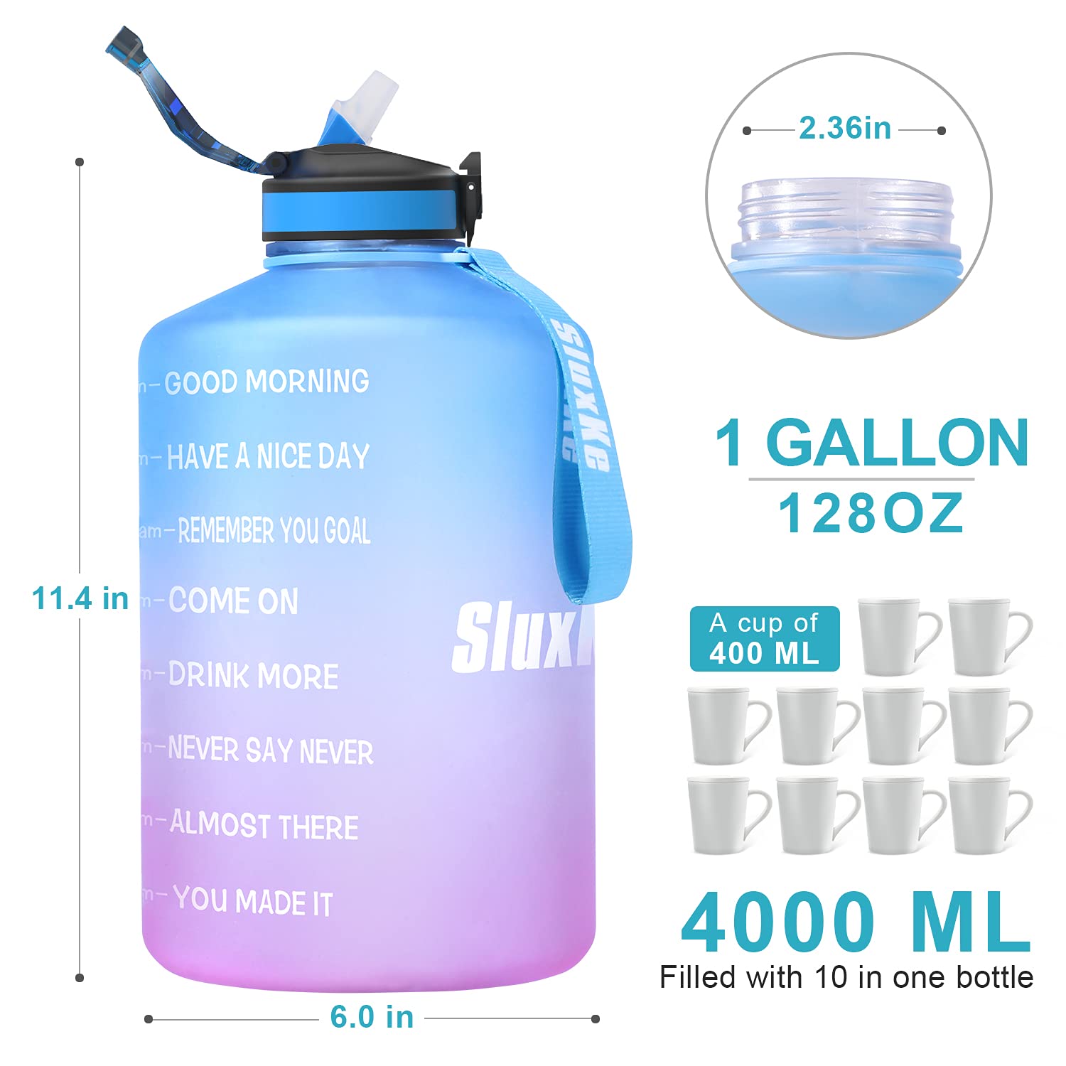 SLUXKE 1 Gallon Water Bottle with Time Marker and Straw, BPA Free 128oz  Leak Proof Motivational Large Water Bottle Jug with Handle, Pop Up Open  Sports Big Bottle Jug with Comfortable Silicone