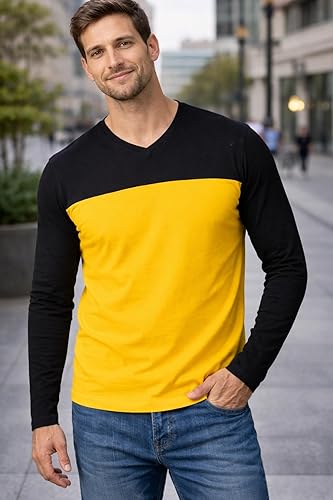 Miniatura 2 de Decrum Camiseta de manga larga para hombre, suave, cómoda, con mangas completas, dos tonos, cuello en V para hombre