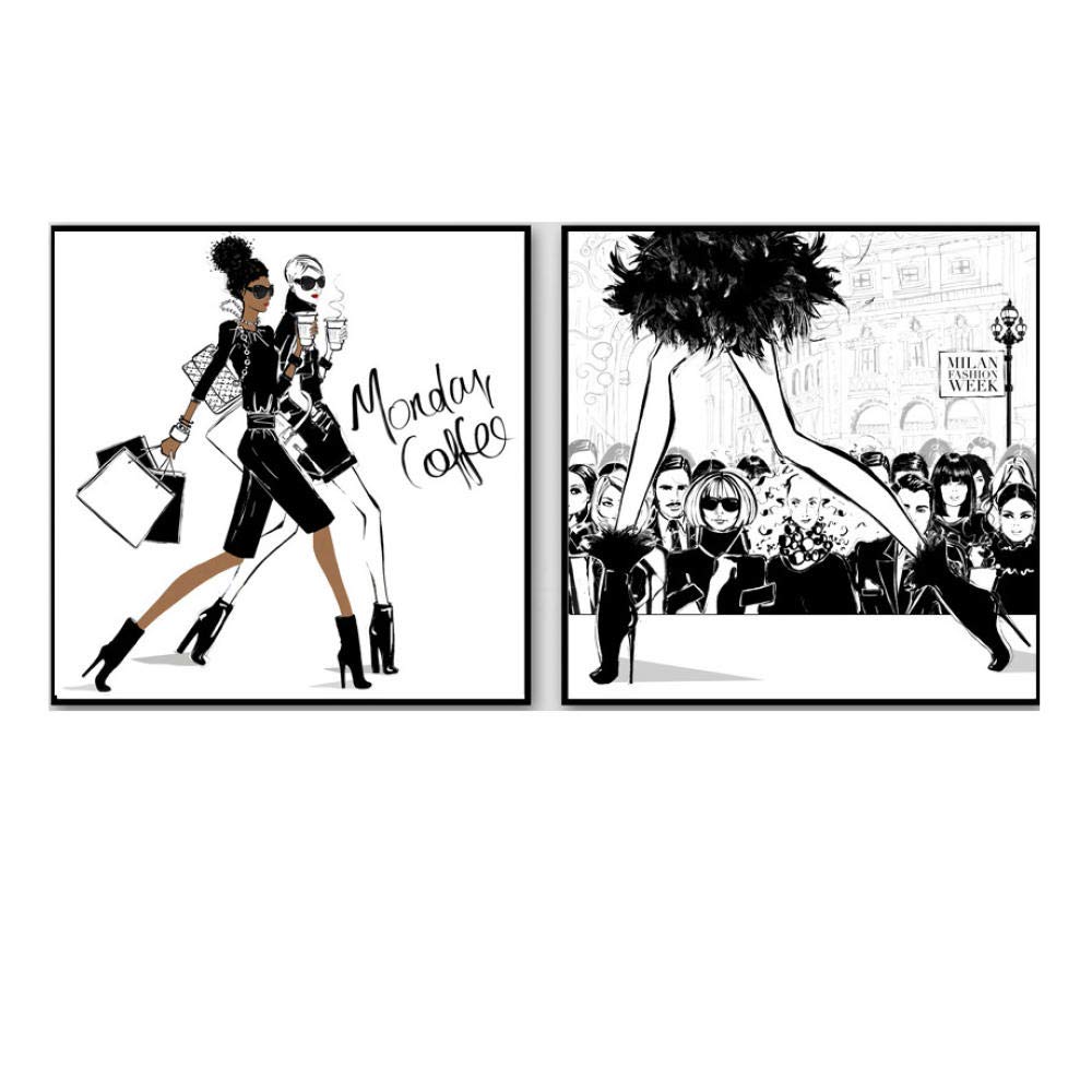 HNZK Milan London Vogue Girl High Heel Fashion Wall Art Canvas Paintings Modern Posters And Prints Living Room Salon Decor Picture 50x50cmx2/Unframed