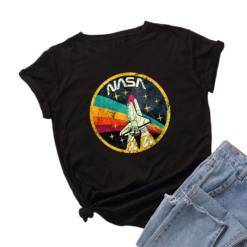 NicetageWomen Vintage Space Shuttle Graphic T-Shirt NASA Letter Print Shirt Casual Tee Tops