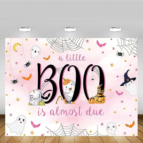 Miniatura 5 de MEHOFOND Telón de fondo de Halloween de 7 x 5 pies para baby shower con texto en inglés "A Little Boo is Almost Due Pink Watercolor for Girls