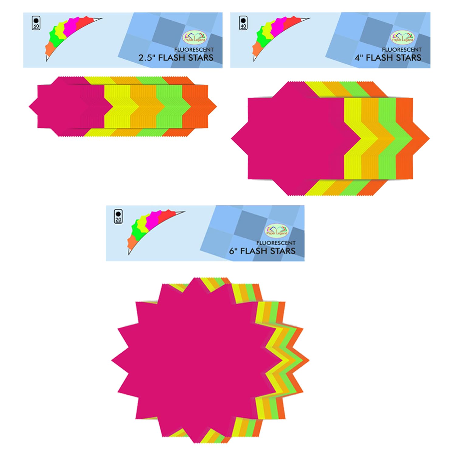 [Pack of 360] Fluorescent Neon Stars Flashes Cards Assorted Size 2.5"/4"/6" Promotion Tag Retail Sale Price Display Boost Sales Label 230 GSM Starburst Signs Tags Stationery