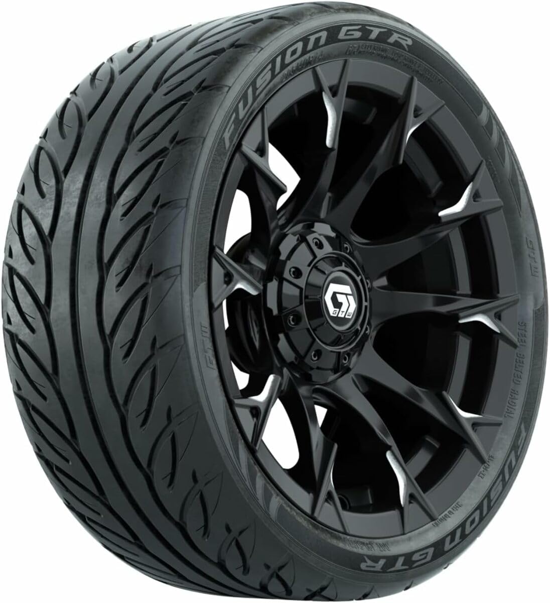 GTW 14 Inch Golf Cart Wheels and Tires Combo | GTW Diablo Gloss Black/Machined Wheels on 205/40-R14 (20.5") Fusion GTR Steel Belted Radial Street Tires | Set of 4