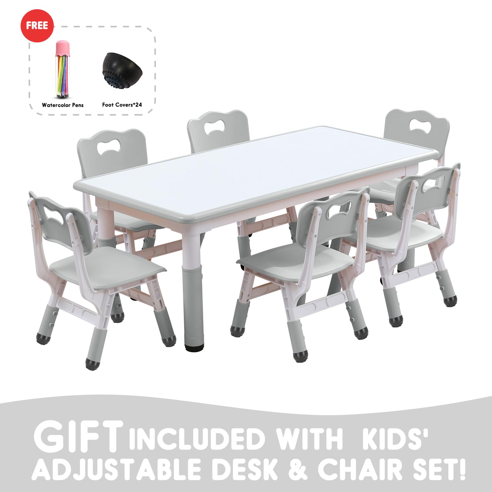 Kids Table and Chair Set, Snow Grey, Upgraded Plastic, 47.2x28.0 inches, Adjustable Height, Whiteboard Style, Includes 12 Color Pens
