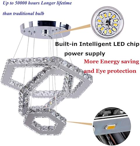 Miniatura 6 de Modern Crystal Chandeliers Big 3 Rings LED Ceiling Light Adjustable Stainless Steel Pendant Light for Bedroom Living Room Dining Room (6500K Cool