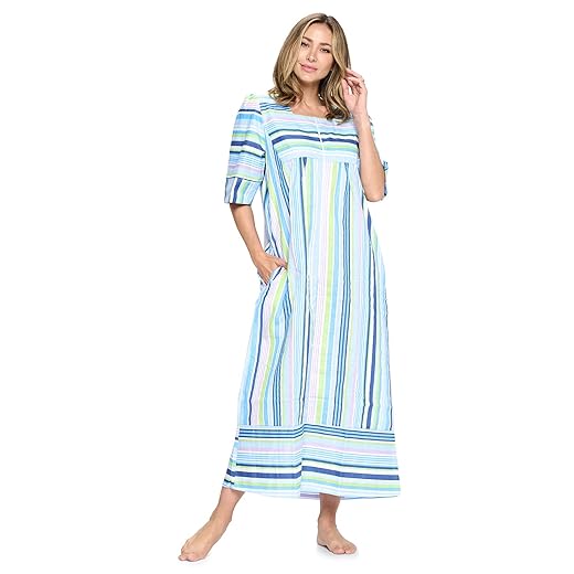 Casual Nights Women's Zip Front Woven House Dress | 3/4 Sleeves Housecoat Long Duster Lounger - Blue - 3X-Large