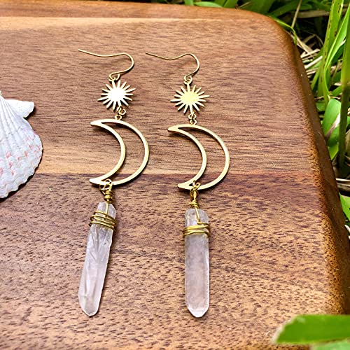 Crescent Moon Earrings Wire Wrapped Handmade with Raw Clear Quartz Crystal Handmade Dangle Earrings Trendy Bohemian. Healing Crystals Earrings