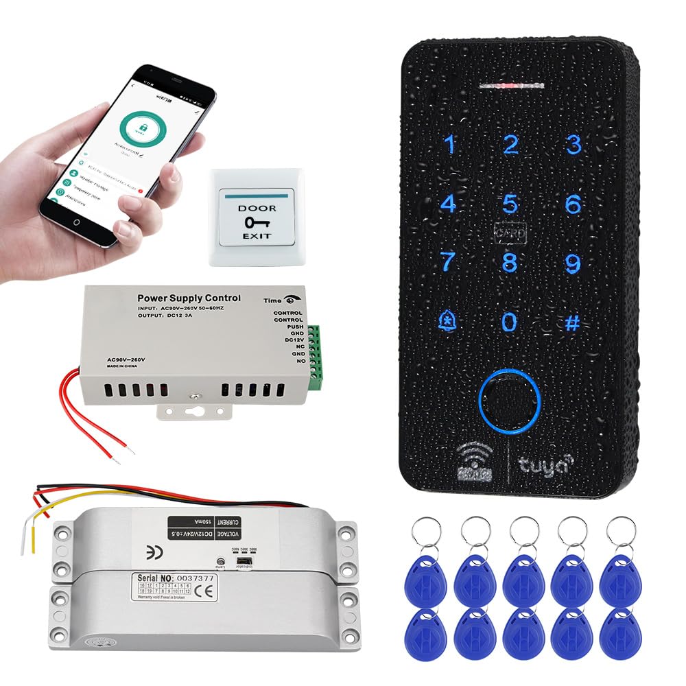 FUSYTULY WiFi Door Access Control System Fingerprint Biometrics IP68 RFID Keypad 125KHz 13.56MHz Password Reader with Electric Bolt Lock