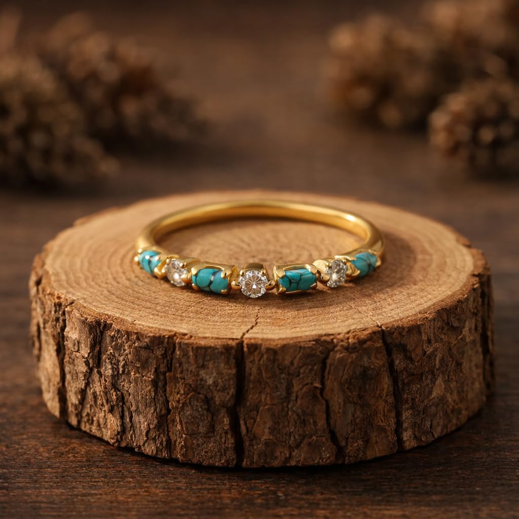 14K Gold Turquoise Diamond Stacking Ring for Women Dainty Blue Gemstone Wedding Band Minimalist Half Eternity Anniversary Jewelry Gift for Her