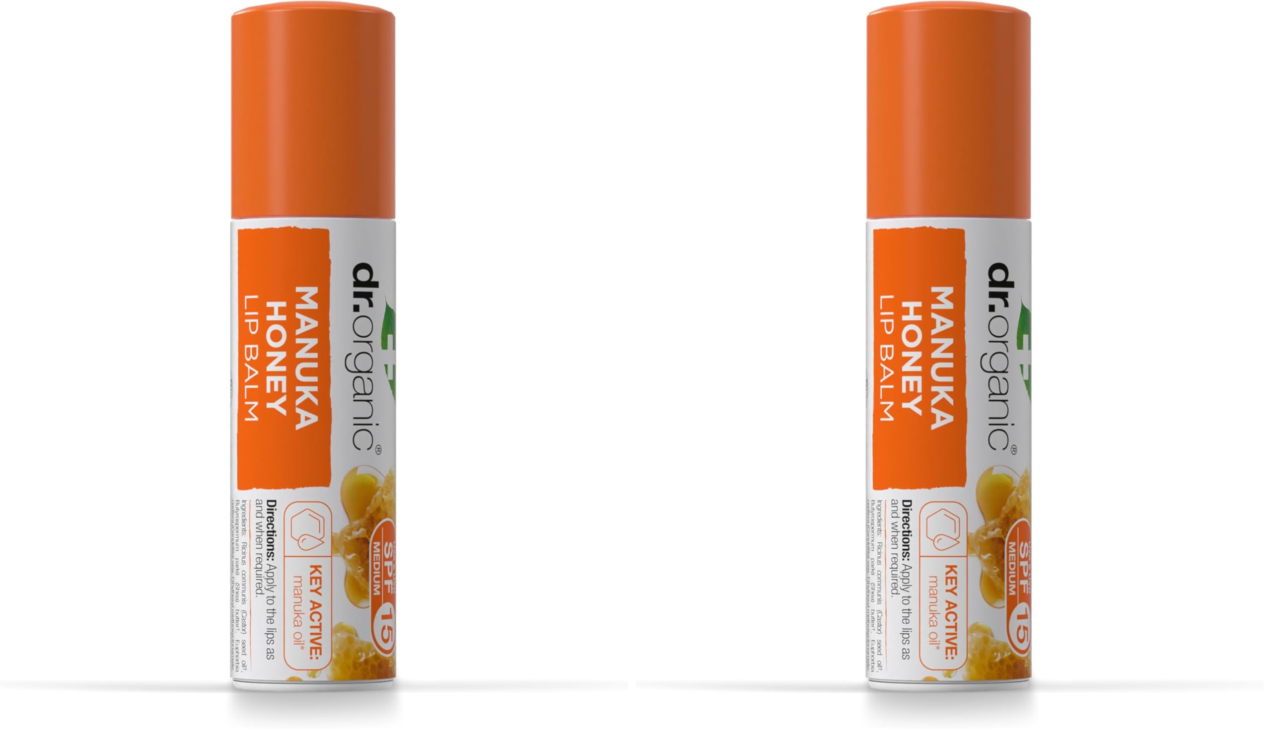 Dr Organic Manuka Honey Lip Balm, Moisturising, SPF 15, Mens, Womens, Natural, Vegetarian, Cruelty-Free, Paraben & SLS-Free, Recycled & Recyclable, Organic, 5.7ml, Packaging may vary (Pack of 2)