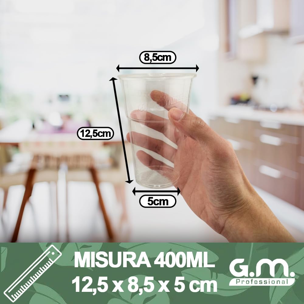GM 500 Bicchieri Kristal Biodegradabili e Compostabili 400 ml Trasparenti, Rigidi e Resistenti, per Frappè, Granita, Frutta, Cocktail, Drink e Bevande Fredde