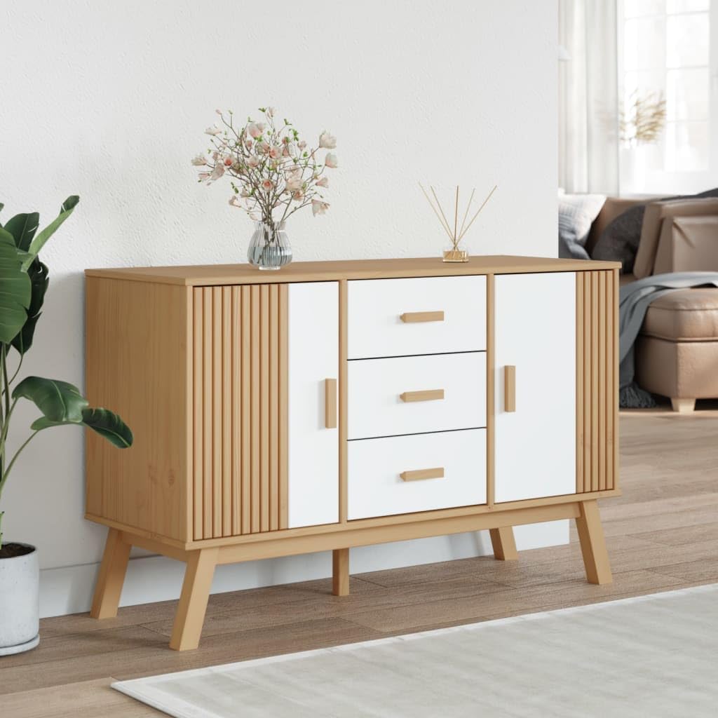 Credenza in legno di pino massiccio, colore bianco e marrone, 114