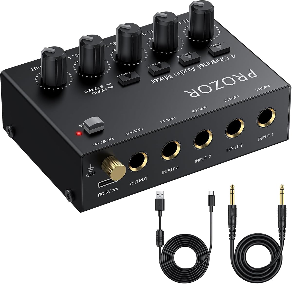 Mini mezclador de audio Mezclador de línea de 4 canales - Submezclador alimentado por USB-C | con control de volumen e interruptor mono estéreo, mezclador de audio compacto de bajo ruido para guitarra, bajo, teclado, grabación, transmisión