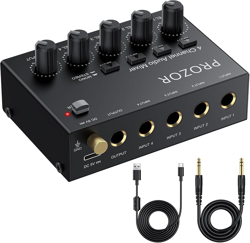 Mini mezclador de audio Mezclador de línea de 4 canales - Submezclador alimentado por USB-C | con control de volumen e interruptor mono estéreo, mezclador de audio compacto de bajo ruido para guitarra, bajo, teclado, grabación, transmisión