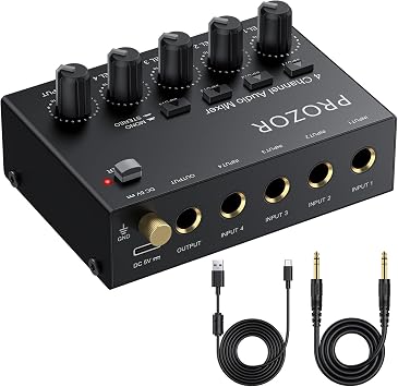 PROZOR Mini Audio Mixer 4 Channel Line Mixer - USB-C Powered Sub Mixer with Volume Control & Stereo Mono Switch, Compact Low Noise Audio Mixer for Guitar, Bass, Keyboard, Recording, Streaming