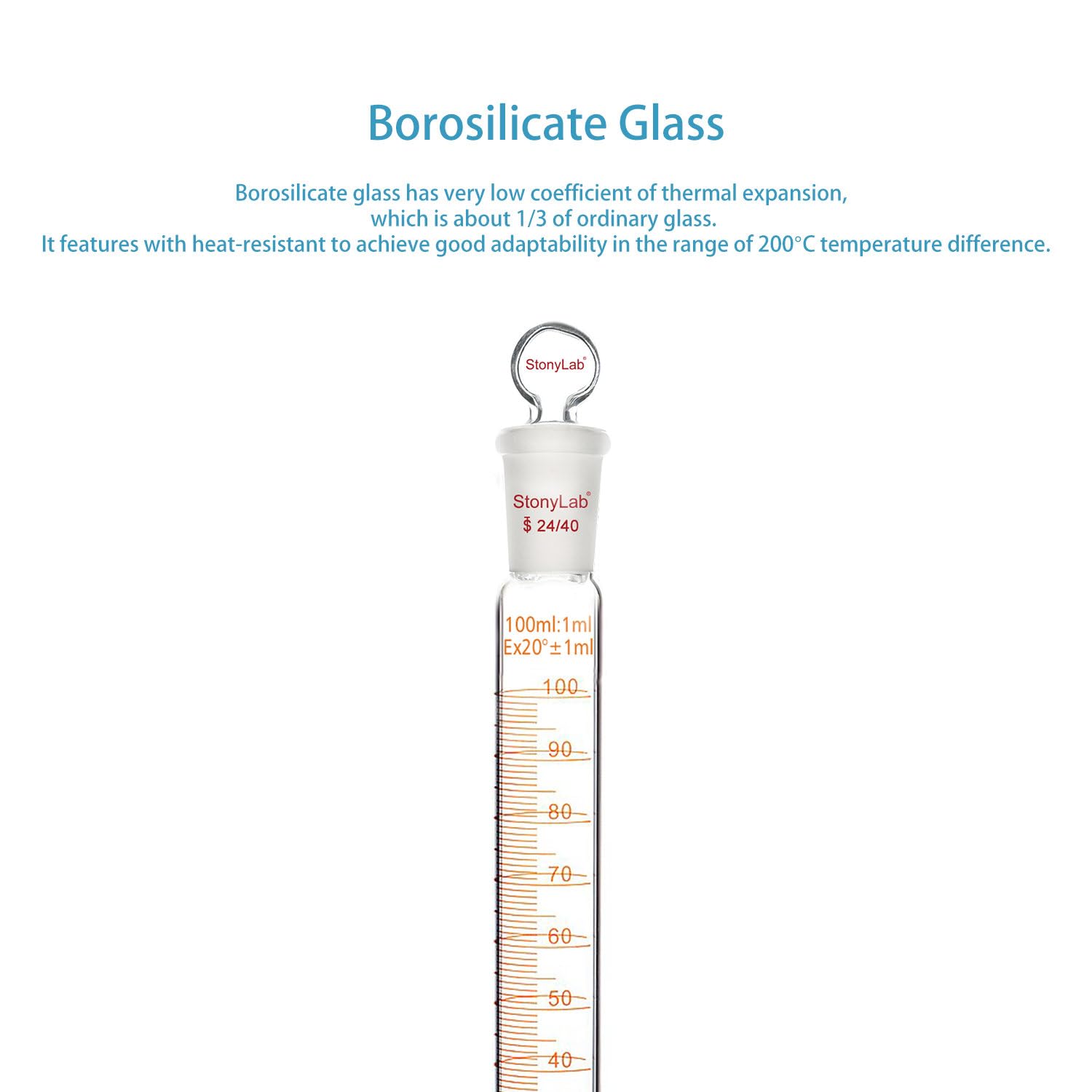stonylab Measuring Cylinder with Stopper, 100 ml Heavy Wall Borosilicate Glass Measuring Graduated Cylinder with 24/40 Standard Ground Joint and Flat Head Stopper, 1 Pack — Amazon image 4