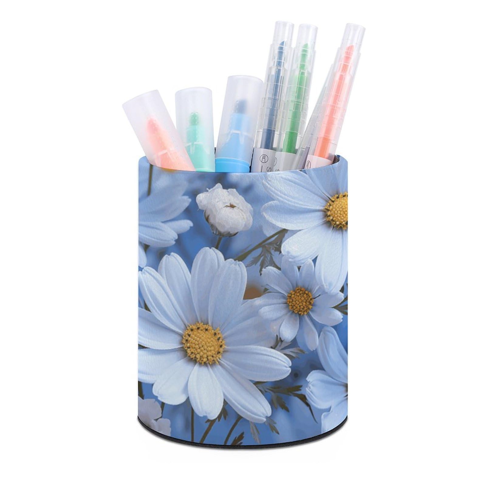 KLOPH PU Leather Pen Holder for Desk, Aesthetic Pencil Cup for Desktop, Makeup Brush Srotage for PenOrganizer Office Supplies, Daisy Blue Pen Cup Pencil Caddy for Home Art Supply