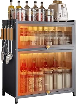 Storage Cabinet, Home Cabinet, Countertop Spice Cabinet, Dish Rack, Multifunctional Kitchen Storage with Door, Space Saving, Large Capacity, Dustproof, Smoke-Proof Seasoning, With Door, Easy Assembly