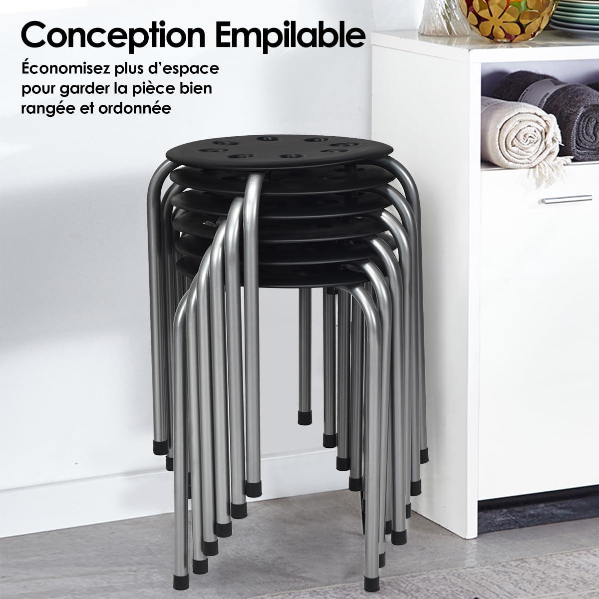 GOPLUS Lot de 6 Tabourets Empilables, Tabourets Légers sans Dossier avec Cadre en Métal Et Siège en Plastique, Tabourets Ronds Polyvalents, Noir/Couleurs Assorties/Noir + Gris (Gris Foncé)