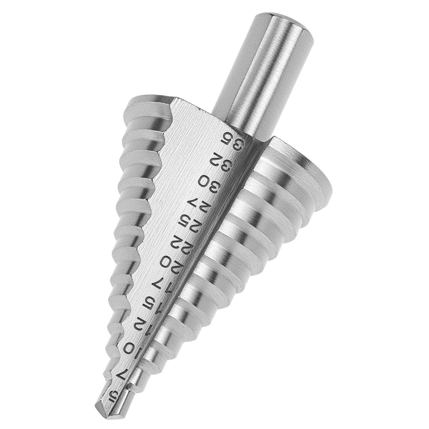 QWORK® Fresa a Gradini Ø 5-35mm (13 Livelli), HSS 4241, Rivestimento in Titanio - Albero Triangolare da 9.5mm - Per Alluminio, Ferro, Legno, e Plastica