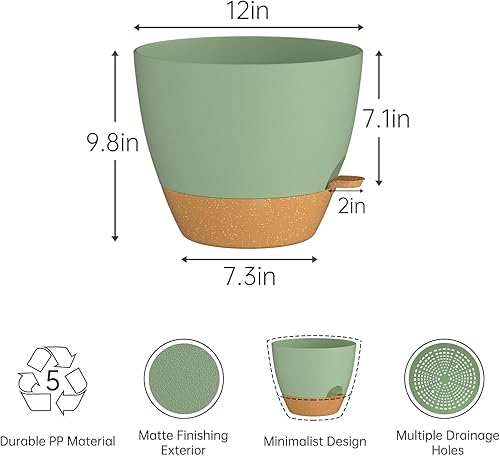 Miniatura 7 de ZMTECH 3 macetas de 12 pulgadas para plantas de interior, maceta grande de riego automático con agujeros de drenaje y platillo para plantas al aire