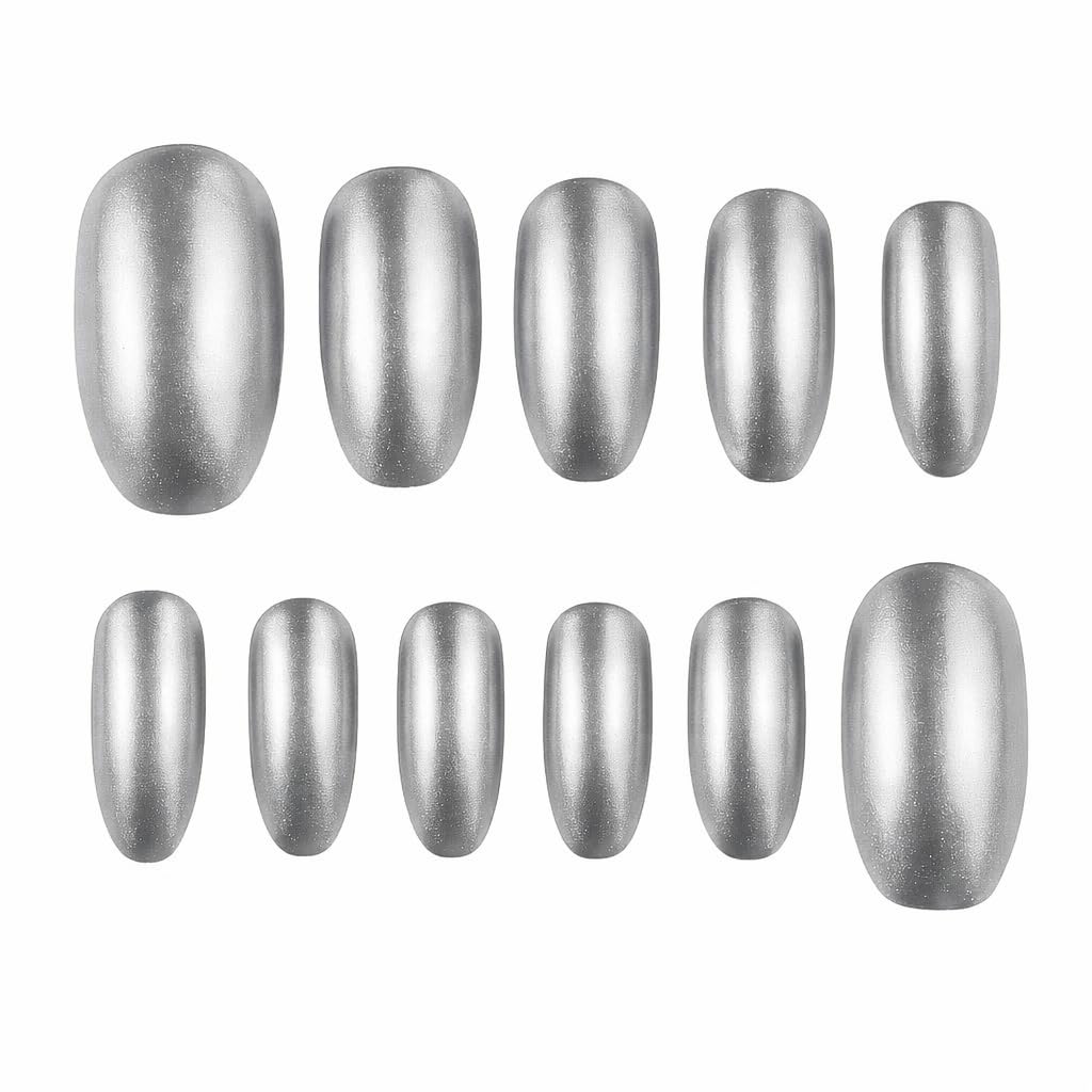 HariPrabodham 12 Pieces Silver Metallic Press On Nails Glossy Chrome Finish, Medium Almond Shape, Reusable Fake Nails Kit with Glue Tabs, Salon Quality Full Cover Nails for Women.-image-10
