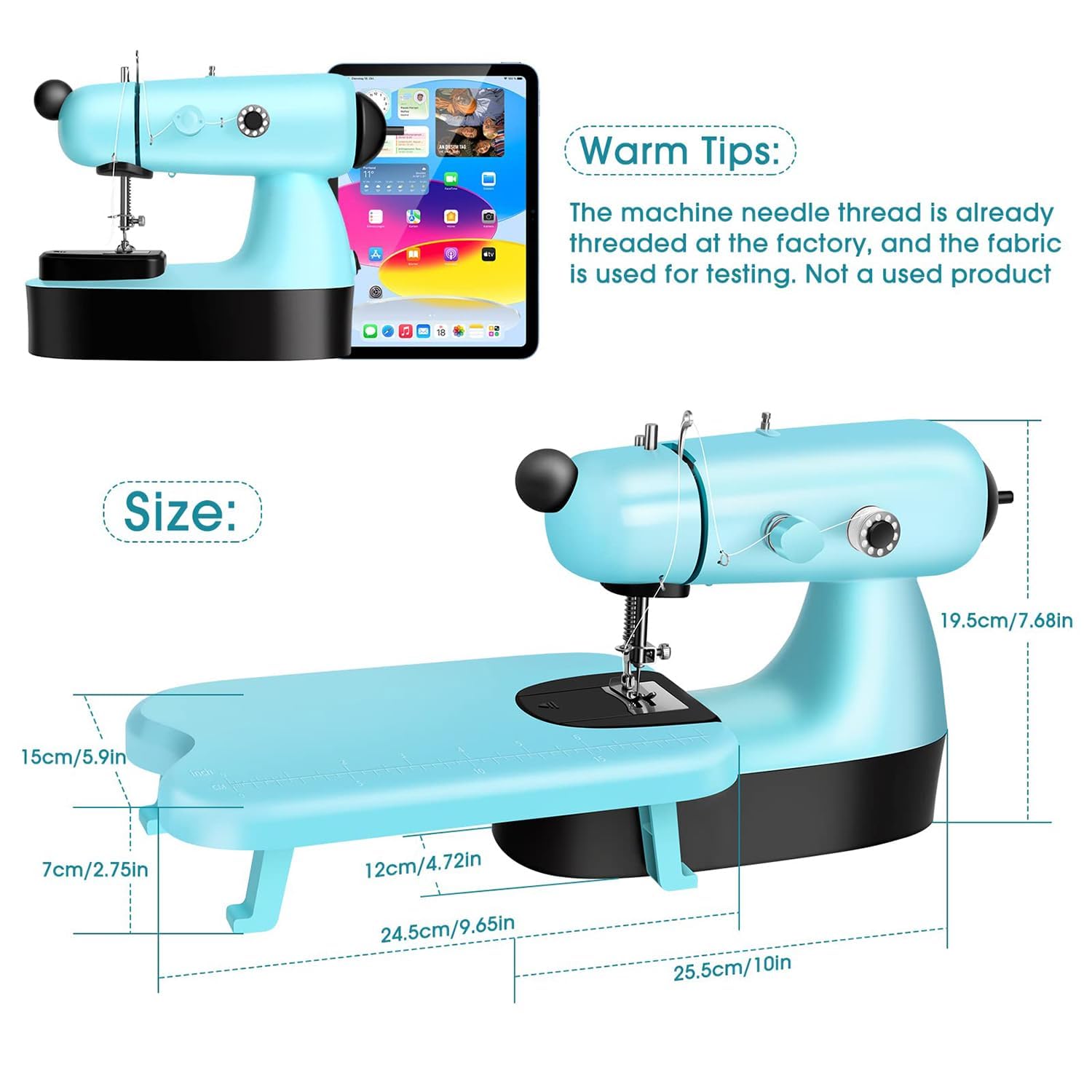 Mini máquina de coser eléctrica con mesa de extensión para manualidades | Cuenta con control de doble velocidad y pedal de pie. Cose hasta 6 capas de mezclilla. Perfecta para decoración