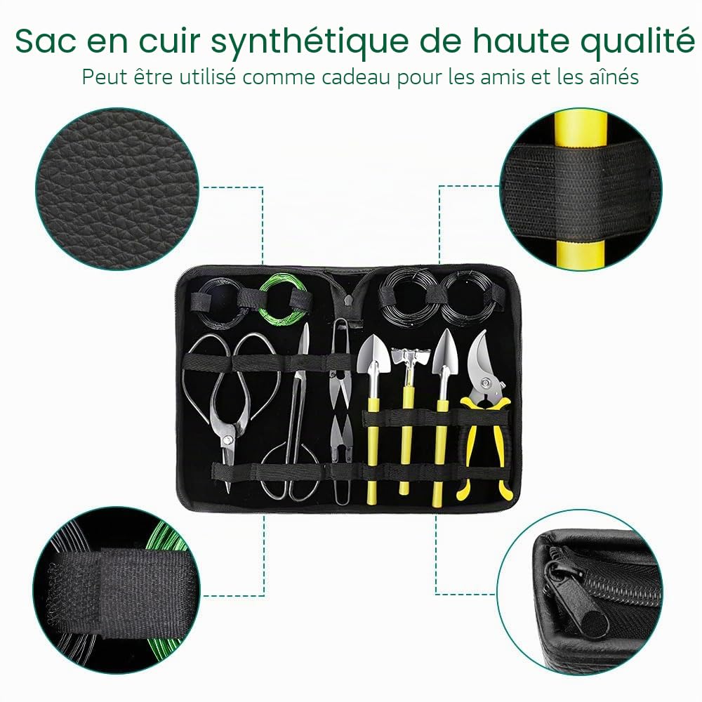 MOSFiATA Kit Bonsai 13 pièces Outils Bonsai avec Ciseaux pour bonsaï, Fil de Ligature pour Les bonsaïs, Mini râteau et Pelle, sécateurs de Jardin