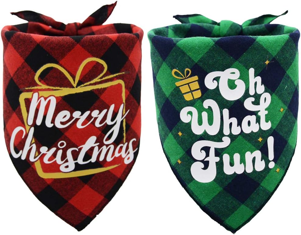 2 Pack Christmas Plaid Dog Bandana Reversible Triangle Bibs Scarf Accessories for Dogs Cats Pets Animals Red and Green