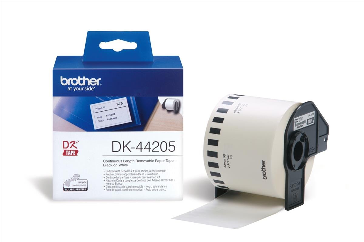 Brother DK44205 Etichette a Lunghezza Continua, Carta con Adesivo Rimovibile, 62 mm x 30.48 m, Bianco